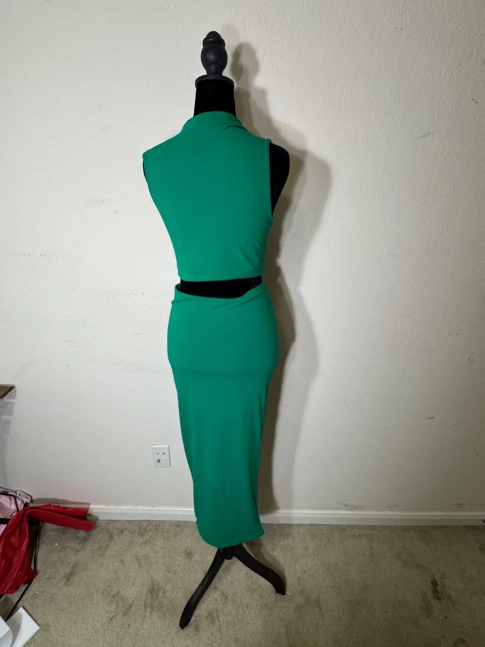 Naked Wardrobe Green 2-Piece Set High Neck Crop & Midi Bodycon Pencil Skirt Sz L - Picture 3 of 7